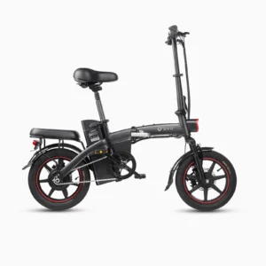 DYU A5 14" Foldable Off-Road Electric Bike with integrated battery, 250W motor, and rear seat for added comfort and style.