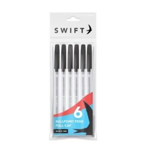 Pull Cap Ballpoint Pens 6pk Black Ink – Smooth & Long-Lasting Writing Pens for Office, School & Home