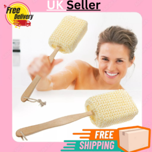 LONG HANDLED WOODEN LOOFAH BACK SCRUBBER SPA BODY SPONGE SHOWER BATH SISAL BRUSH