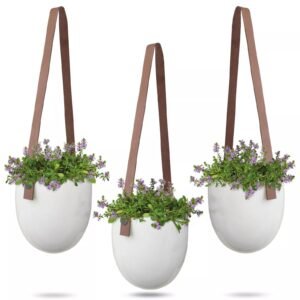 Hanging Plant Pot x3 – Indoor Outdoor Ceramic Planter Basket with 21CM Strap Length – UK