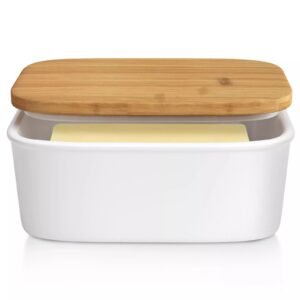 Butter Dish with Lid Ceramic Porcelain Storage Container – White Kitchen Holder with Bamboo Lid UK