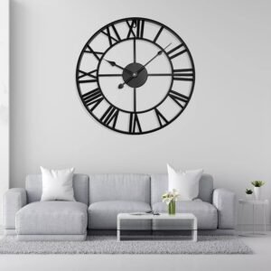 60CM Large Skeleton Metal Roman Wall Clock - Big Numerals, Giant Open Round Face - Outdoor & Indoor Use - Available in 5 Unique Colors