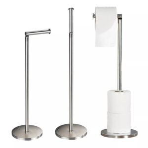 2 IN 1 Free Standing Chrome Frame Bathroom Toilet Paper Roll Holder Dispenser - Modern Design with Storage for 2-3 Extra Rolls
