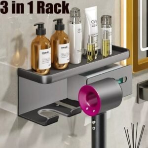 3-in-1 Hair Dryer Holder Wall Mounted – Free Standing Straightener Rack for Bathroom & Bedroom Storage