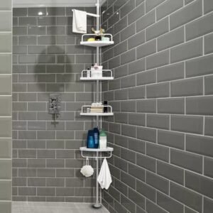 "4-Tier Non-Rust Bathroom Telescopic Corner Shelf Storage Shower Organiser – Adjustable Freestanding & Wall Mounted with Towel Rack – Silver White"