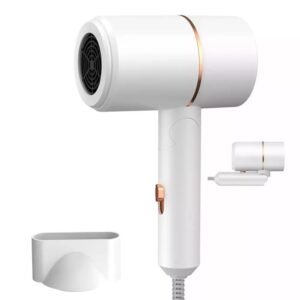 White Professional Hair Dryer – Travel Hairdryer with Diffuser for Home Salon Blow Drying – Folding Portable Design