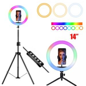 14" RGB Multicolour Ring Light with Phone Holder & Tripod – Adjustable Brightness, 12 RGB Modes, USB Powered for Vlogging, Photography, Livestreaming