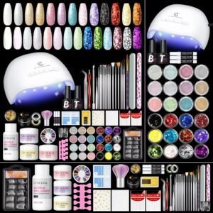 Full Acrylic Powder Nail Set – Acrylic Nail Art Starter Kit with 24 Glitter Acrylic Powders, Nail Tips & Acrylic Liquid