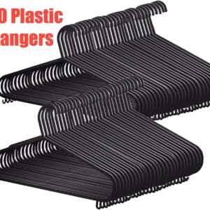 100 Black Adult Clothes Plastic Hangers with Trouser Bar – Ultra-Slim Coat Hangers for Organizing Wardrobe