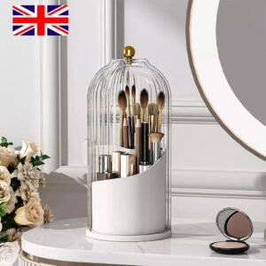 360° Rotating Makeup Brush Holder Storage Box – Desktop Cosmetic Organizer with Lid for Brushes & Makeup Tools