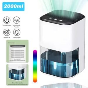 2L Portable Electric Dehumidifier Quiet Home Air Dryer for Mould, Moisture & Damp – Advanced Dehumidifier with Auto Shut-off, 7 Colors Night Lights