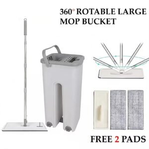 360° Flat Squeeze Microfiber Mop Bucket Set – Perfect for Home Floor Tiles Cleaning + 2 Refill Pads