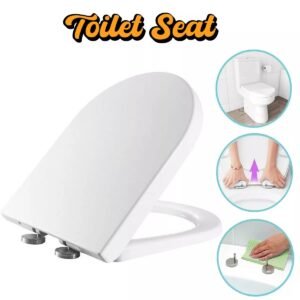 Luxury D-Shape Toilet Seat with Metal Fixing Hinges – Quick Release & Adjustable Stainless Steel Hinges, White