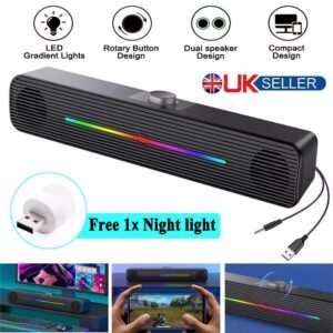 LED USB Wired Sound Bar Computer Stereo Speakers – Powerful Sound & LED Lights for PC Desktop Laptop