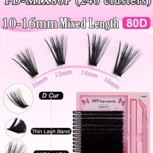 240PCS Individual Lashes Kit - 80D Curl Clusters Lashes Lash Extensions, 10-16mm DIY Eyelash Extensions Kit with Glue, Remover, and Tweezers
