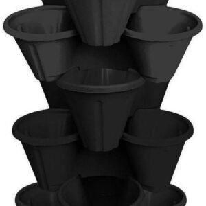 6 x Strawberry Planter Trio Stacking Stackable Garden Plastic Plant Pot Black – Durable & Space-Saving