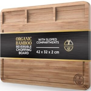 Bamboo Chopping Board with Sloped Compartments – Reversible Cutting and Serving Wood Board (Large, Rectangle)