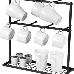 Coffee Mug Rack Metal Black Vintage Cup Holder Stand Storage Base with 14 Hooks